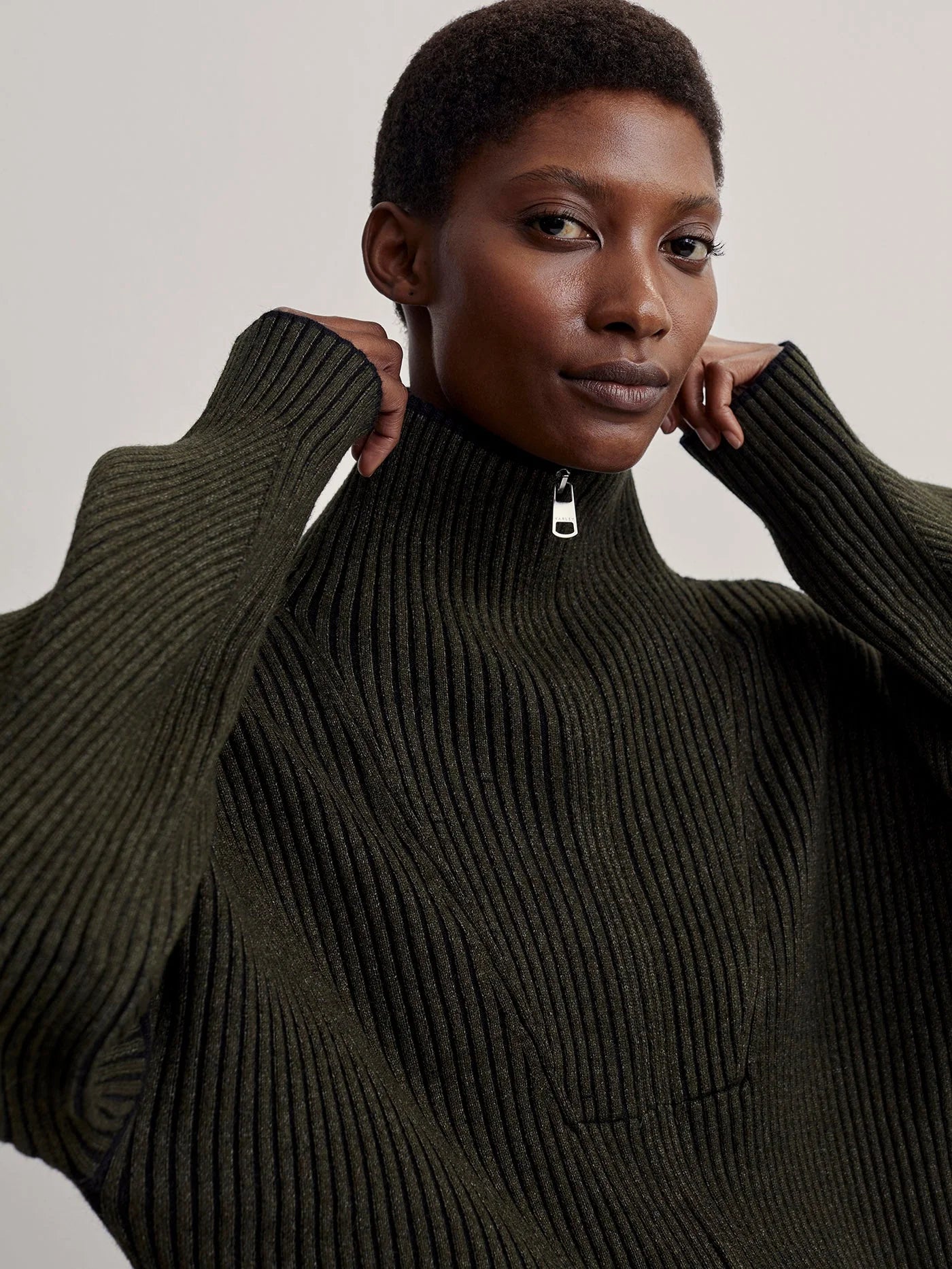 Carmen Zip-Through Rib Knit Dark Olive – One & Another