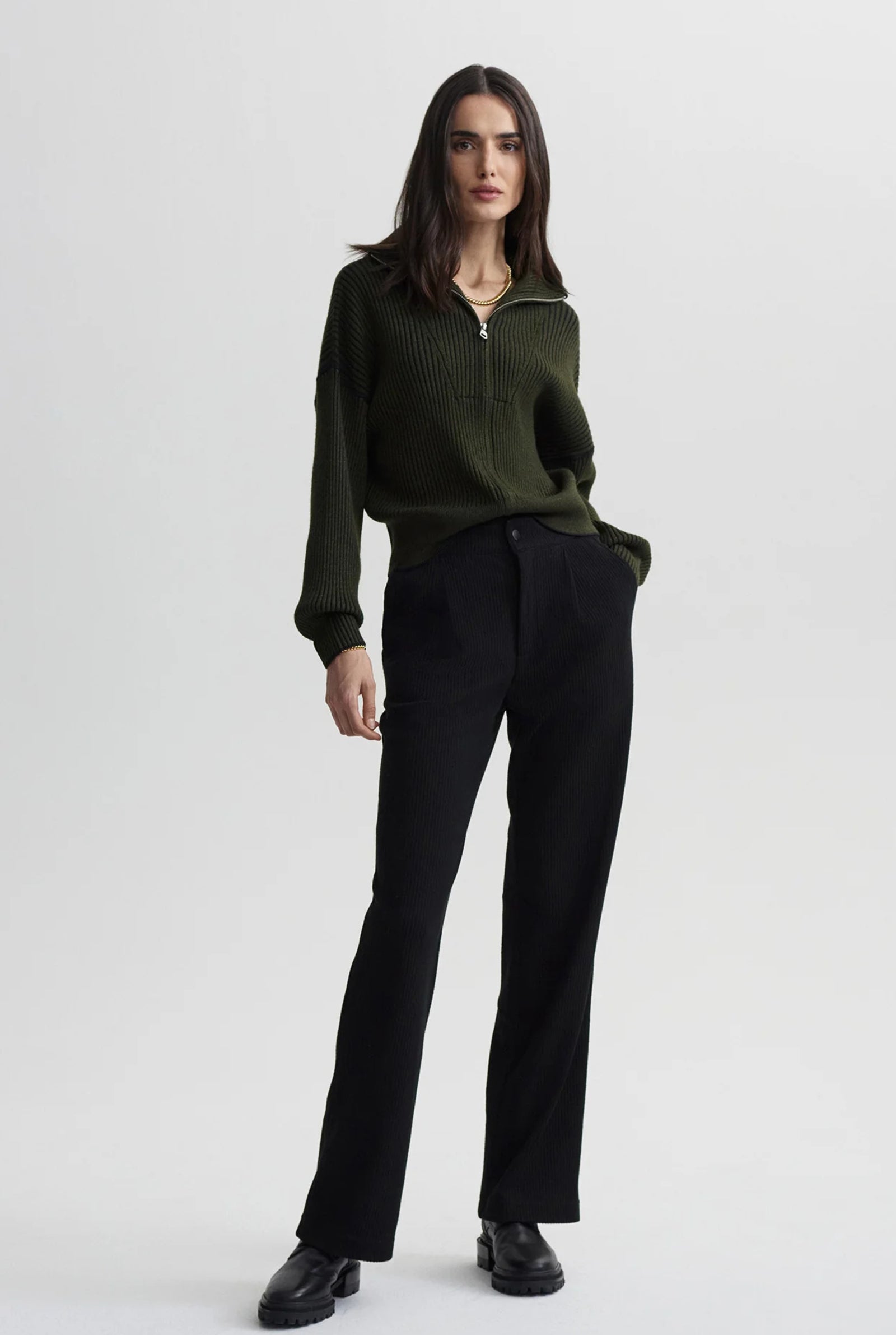 Carmen Zip-Through Rib Knit Dark Olive – One & Another