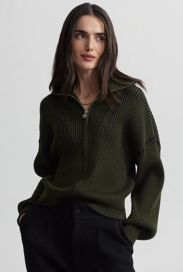 Carmen Zip-Through Rib Knit Dark Olive