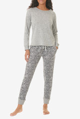 Long Sleeve Pajama Set Gray Leopard